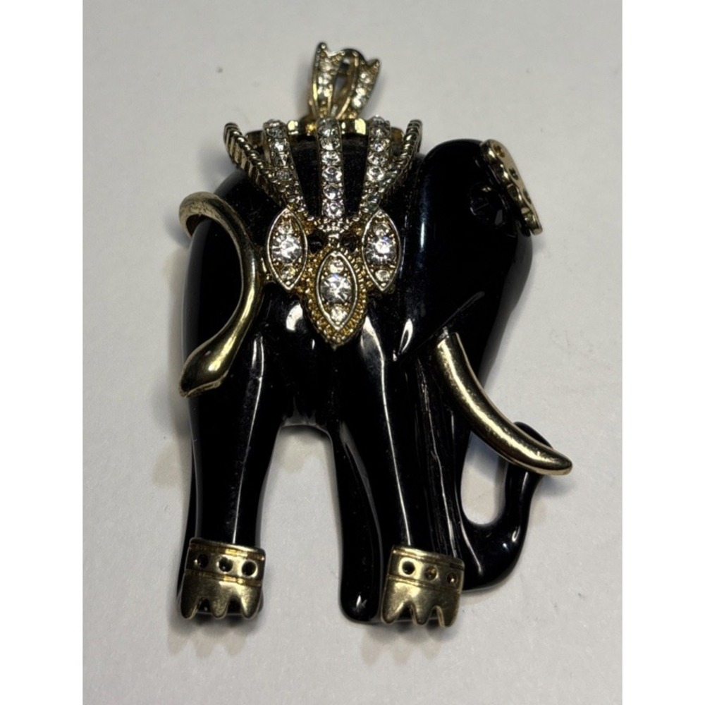 Vintage Black Acrylic/Resin Elephant Rhinestone Brooch/Pendant Costume 1-3/4"